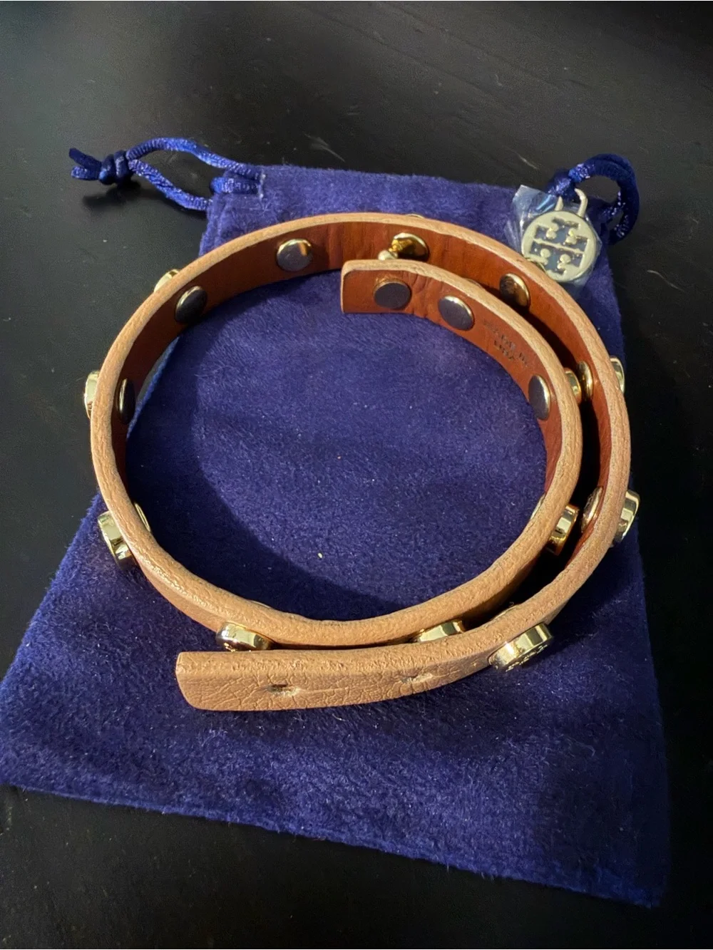 Tory Burch Tan Leather Double-Wrap Logo Bracelet with Gold Accents
